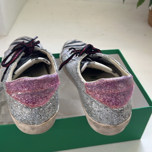 Designer Leather Crown Sneakers in silver glitter, zebra toe on leather. S 39 - Picture 10 of 10